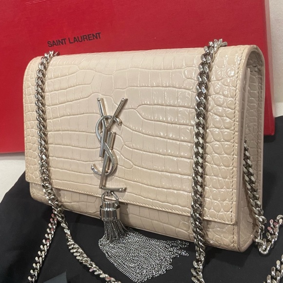 Saint Laurent Cream Croc-Embossed Chain Bag - Picture 5 of 14